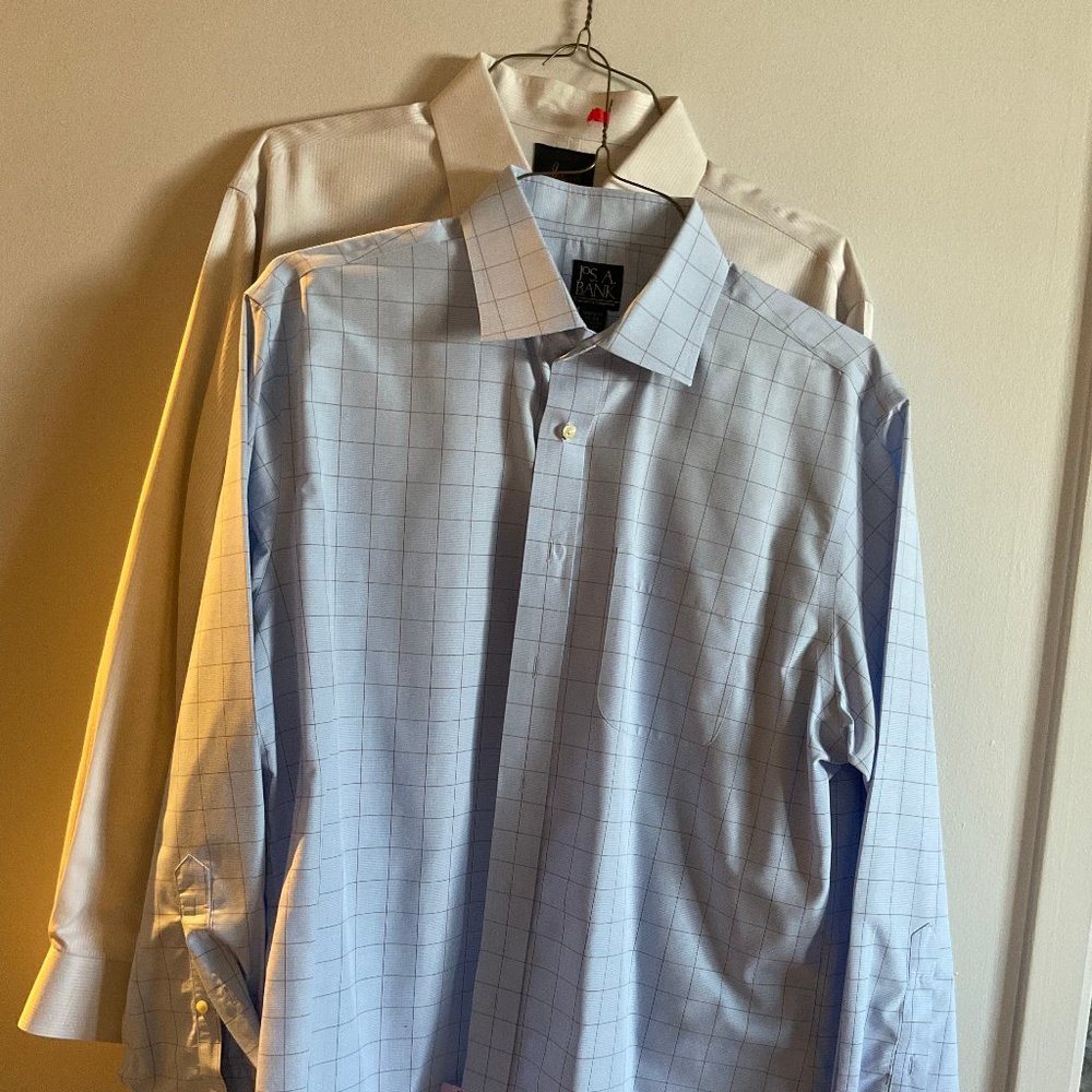 Two Joseph A Banks Button Down Shirts, Blue/Tan & Gray Stripe - Size 17-34